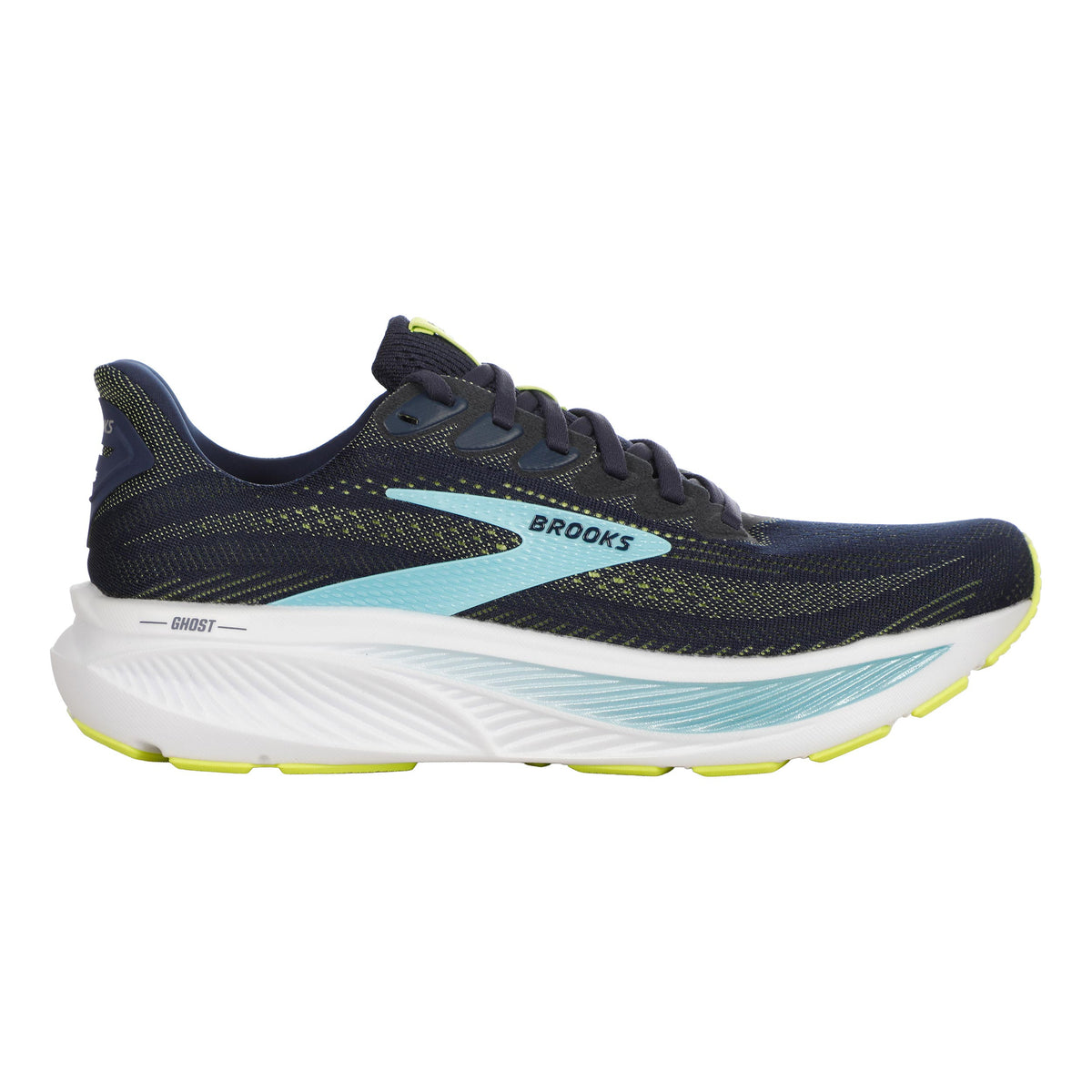 Brooks Ghost 17, schmal Chaussure de running sans stabilisateurs Hommes - bleu foncé, jaune lemon